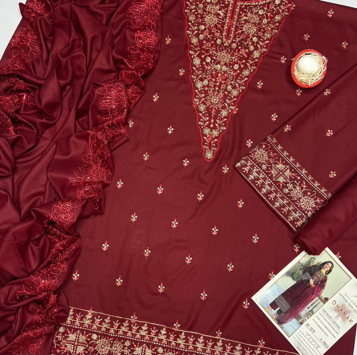 Qalamkar 5210 Premium Dhanak Heavy Sequence Embroidered 3 Piece Winter Suit with Shawl