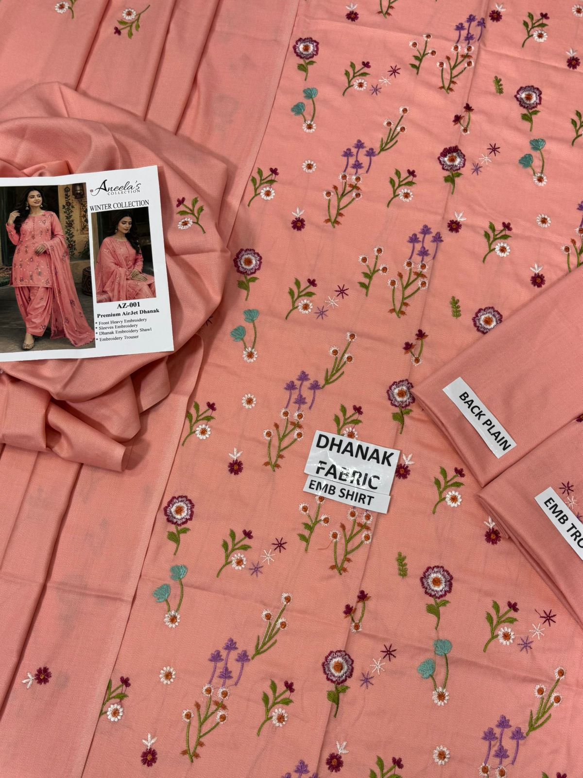 Indian Boti 3 Piece Winter Collection – Dhanak Air Jet Embroidered Suit | Code 001