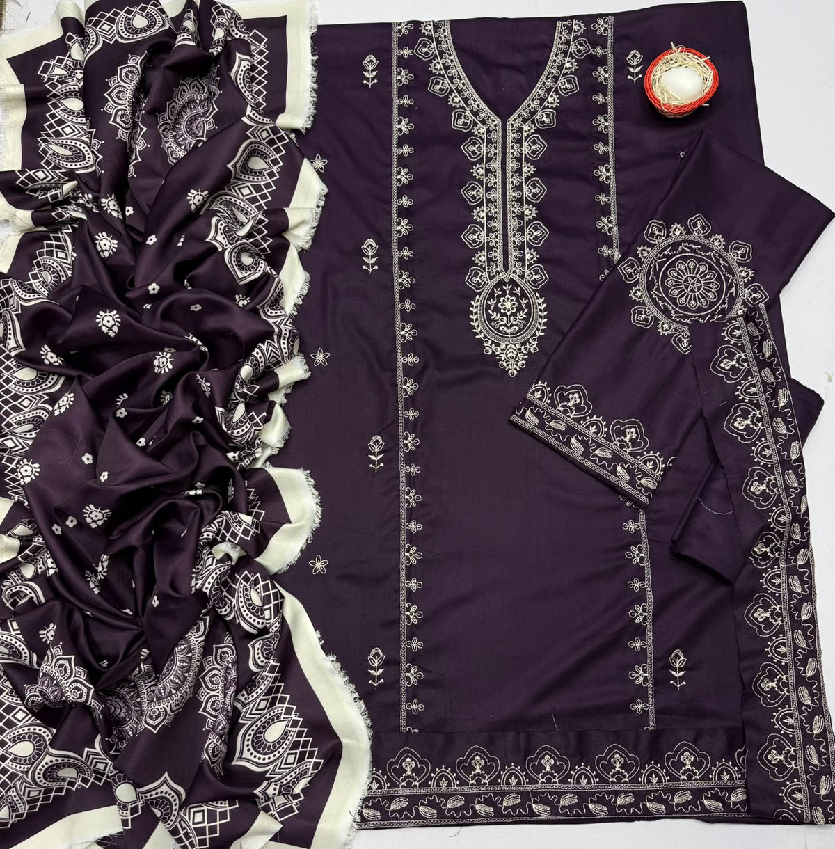 Aneela’s 6211 Premium Dhanak 3 Piece Embroidered Winter Suit with Twill Wool Shawl