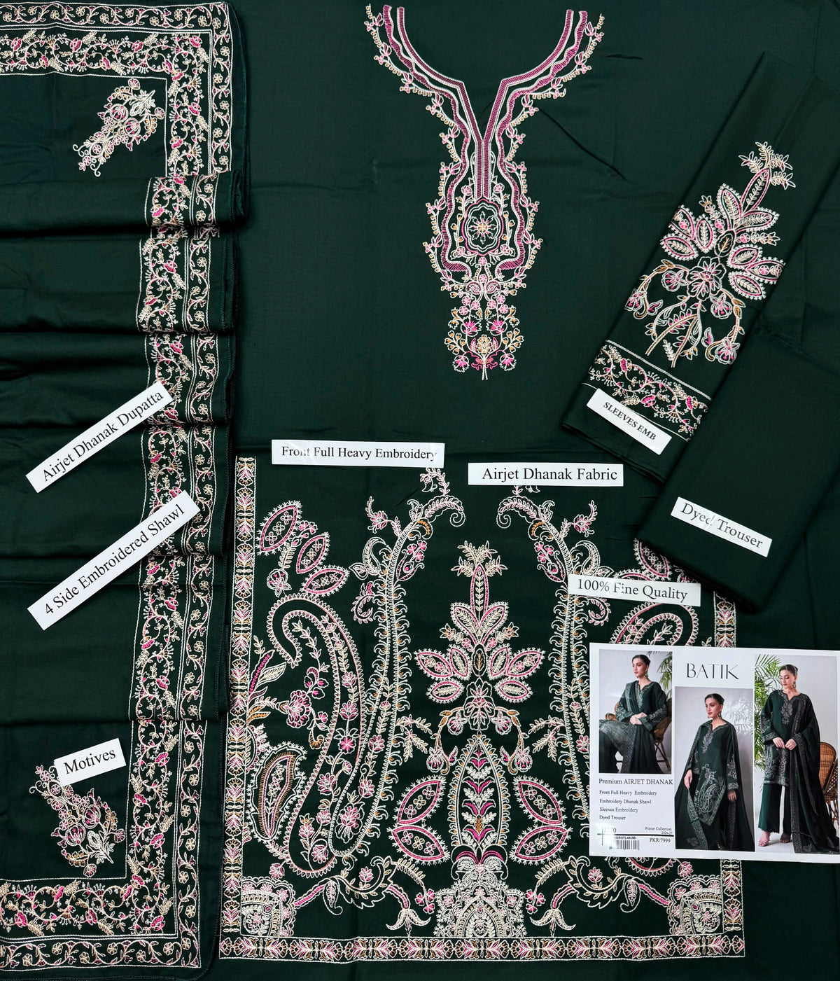 Batik 1270 Premium Airjet Dhanak 3 Piece Embroidered Winter Suit with Shawl