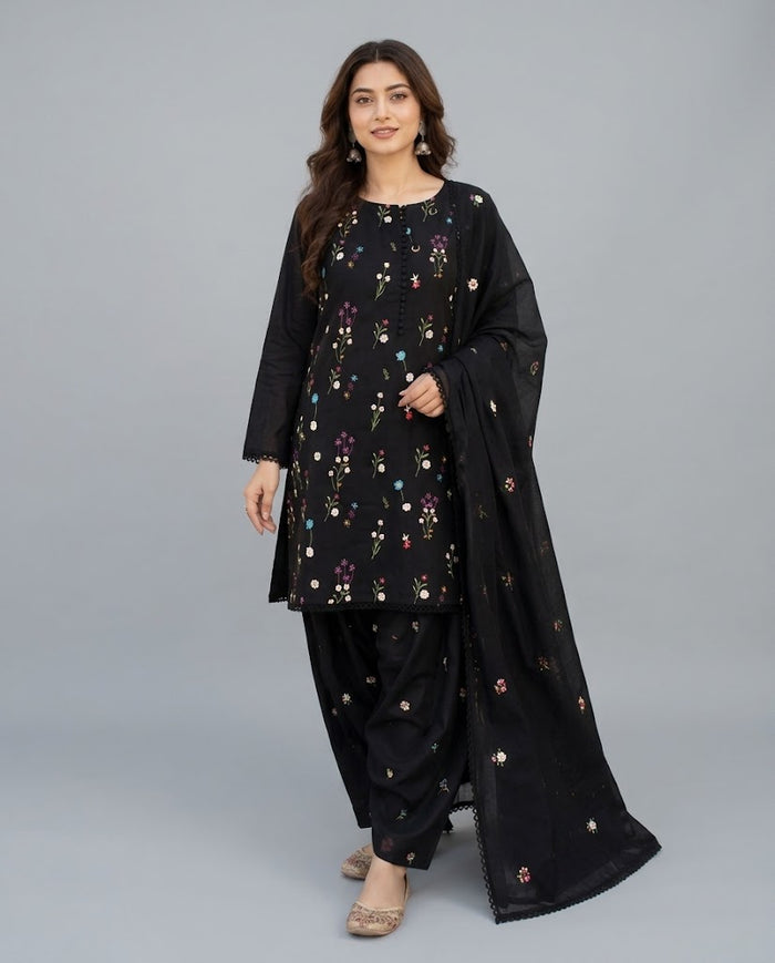 Indian Boti 3 Piece Winter Collection – Dhanak Air Jet Embroidered Suit | Code 001
