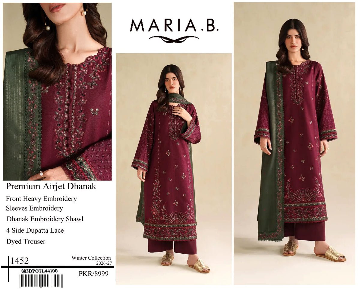 Maria B 1452 – Premium Air-Jet Dhanak 3-Piece Embroidered Suit | Winter Collection 2026–27