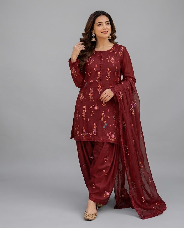 Indian Boti 3 Piece Winter Collection – Dhanak Air Jet Embroidered Suit | Code 001