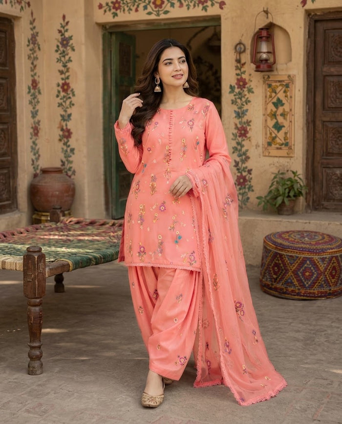 Indian Boti 3 Piece Winter Collection – Dhanak Air Jet Embroidered Suit | Code 001