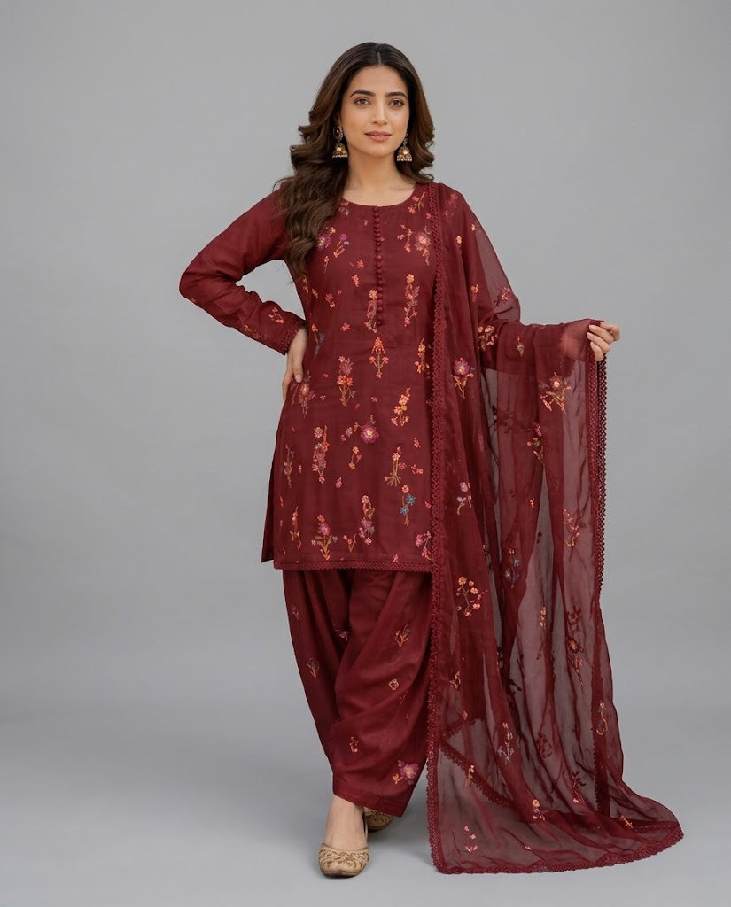 Indian Boti 3 Piece Winter Collection – Dhanak Air Jet Embroidered Suit | Code 001