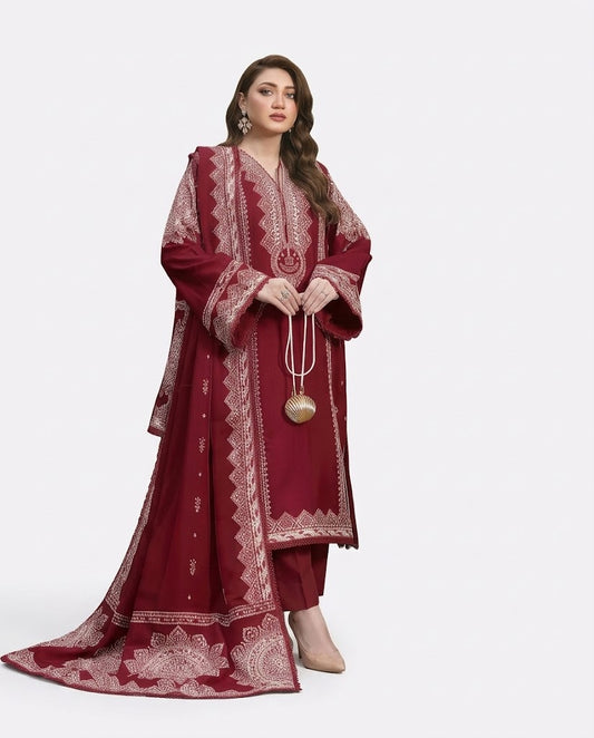 Aneela’s 6211 Premium Dhanak 3 Piece Embroidered Winter Suit with Twill Wool Shawl