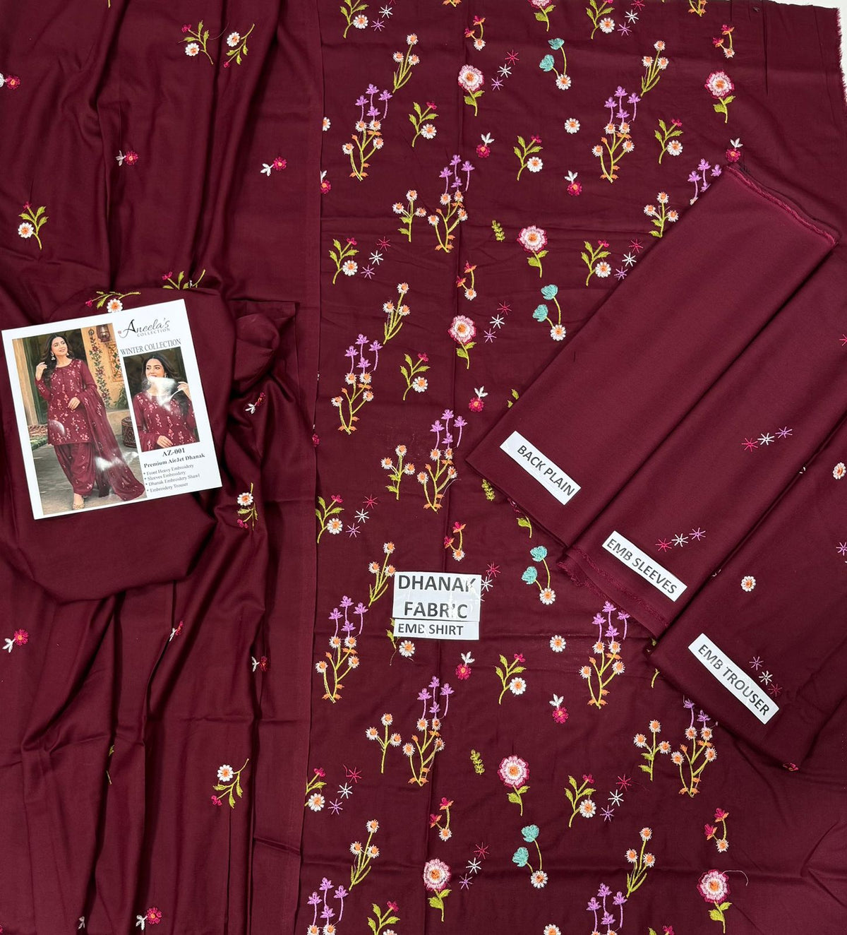Indian Boti 3 Piece Winter Collection – Dhanak Air Jet Embroidered Suit | Code 001