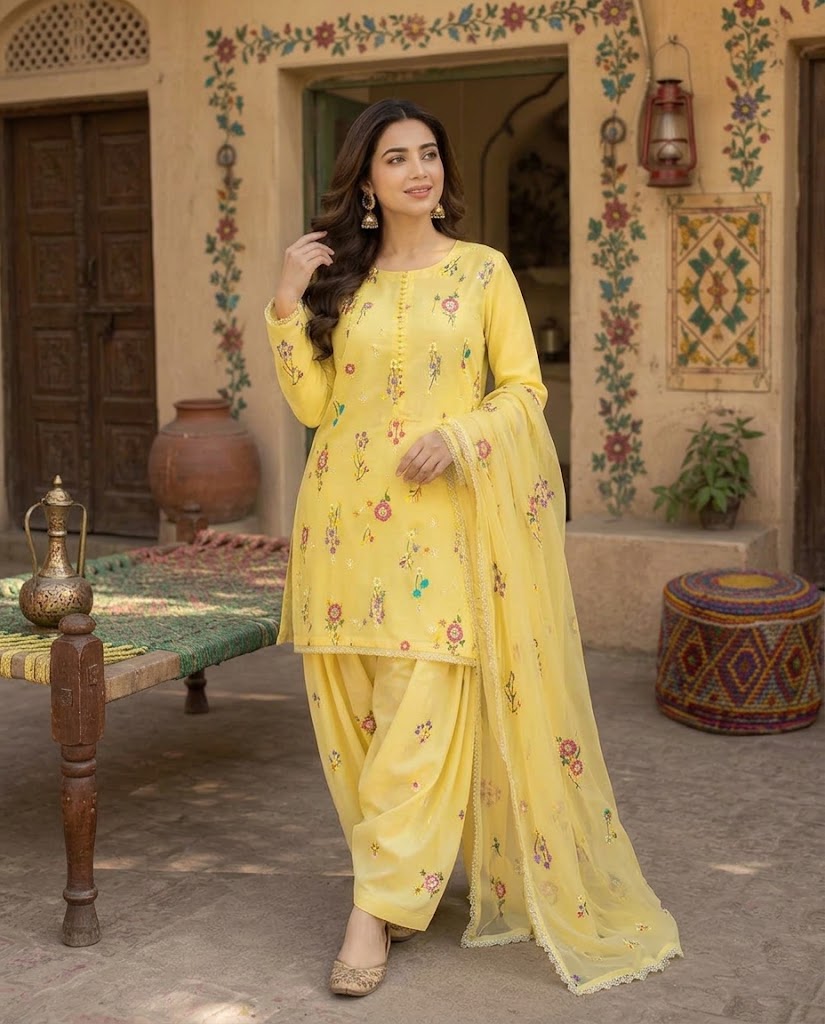 Indian Boti 3 Piece Winter Collection – Dhanak Air Jet Embroidered Suit | Code 001