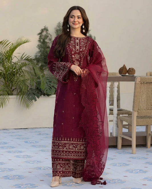 Qalamkar 5210 Premium Dhanak Heavy Sequence Embroidered 3 Piece Winter Suit with Shawl