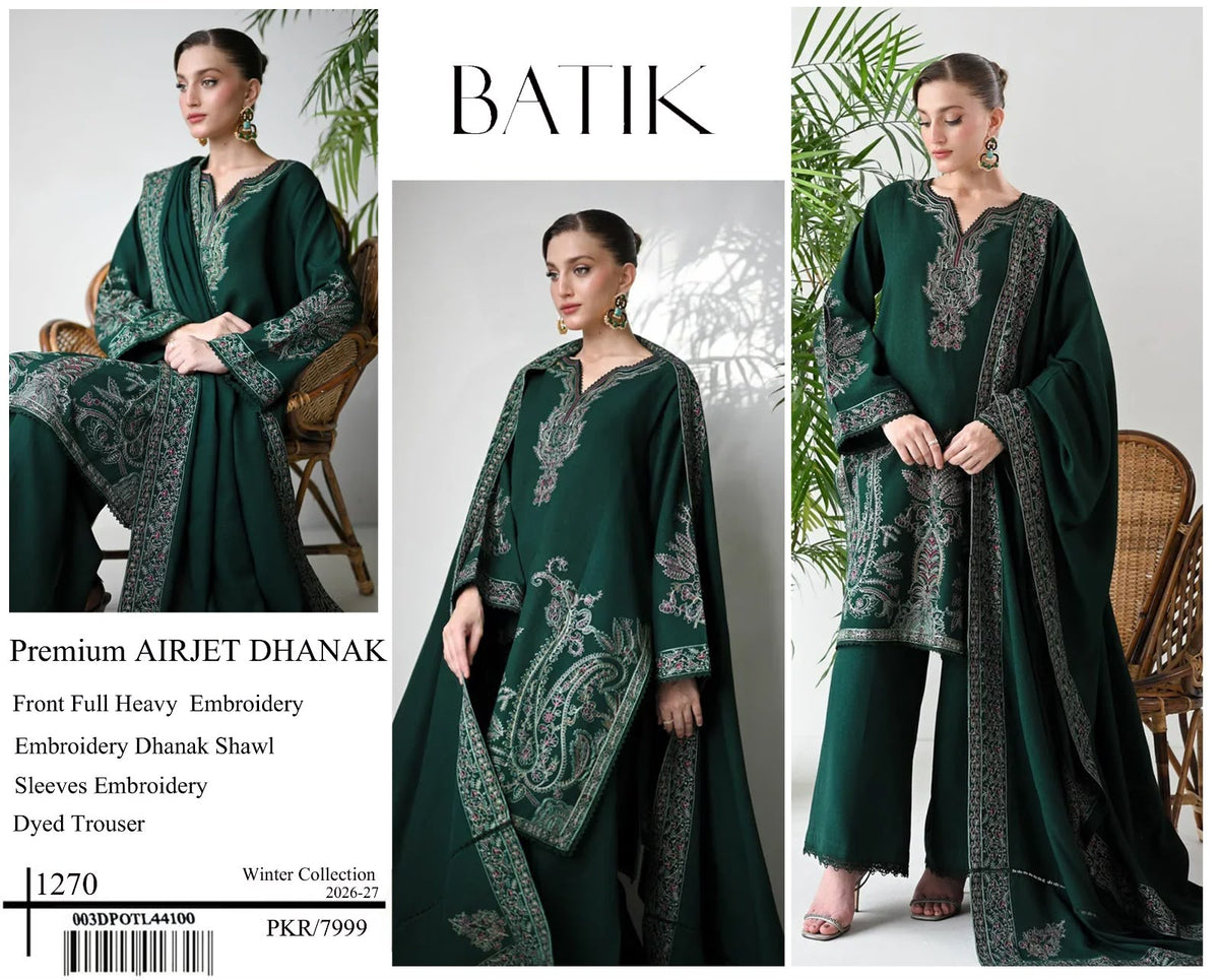 Batik 1270 Premium Airjet Dhanak 3 Piece Embroidered Winter Suit with Shawl