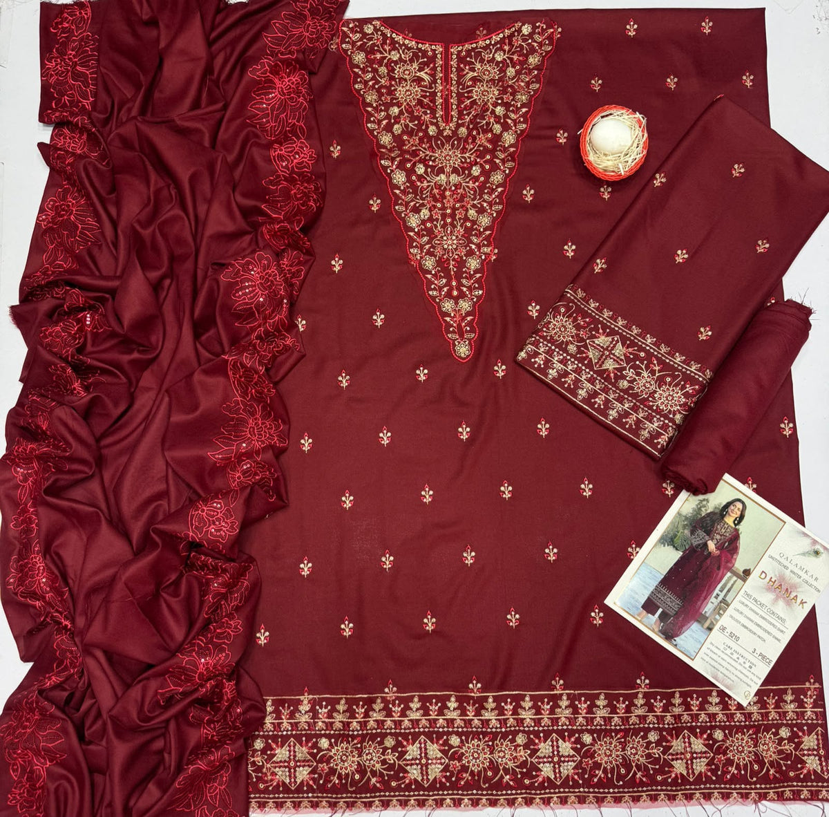 Qalamkar 5210 Premium Dhanak Heavy Sequence Embroidered 3 Piece Winter Suit with Shawl