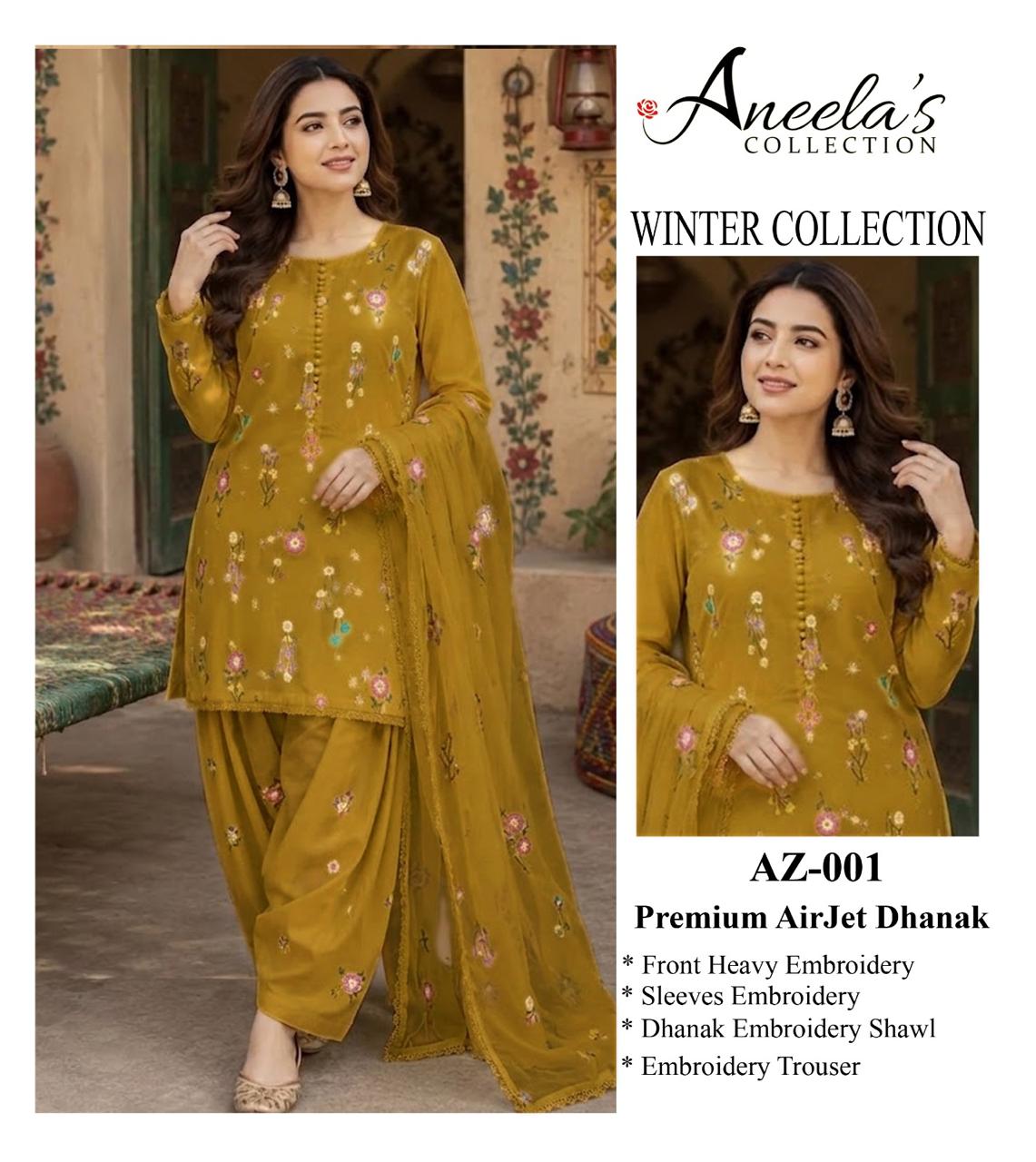 Indian Boti 3 Piece Winter Collection – Dhanak Air Jet Embroidered Suit | Code 001