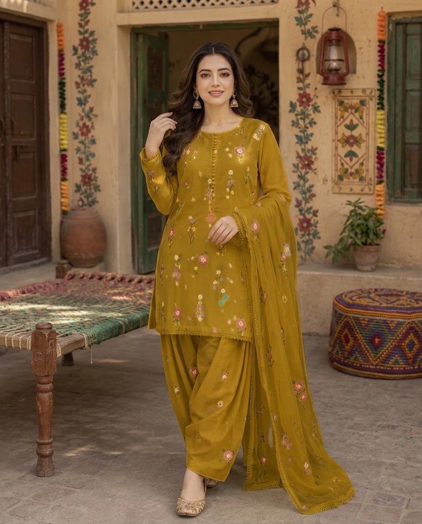 Indian Boti 3 Piece Winter Collection – Dhanak Air Jet Embroidered Suit | Code 001