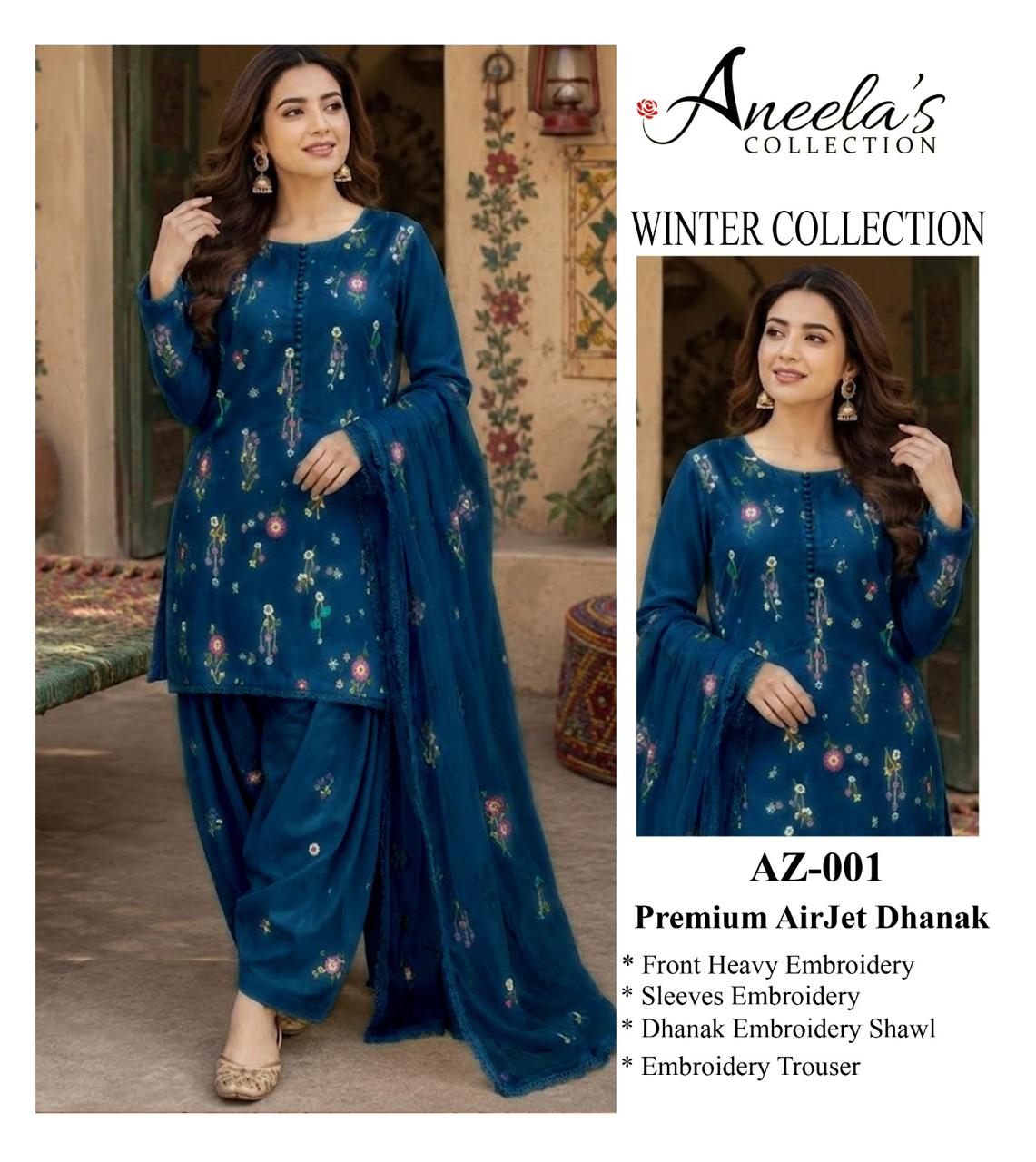 Indian Boti 3 Piece Winter Collection – Dhanak Air Jet Embroidered Suit | Code 001