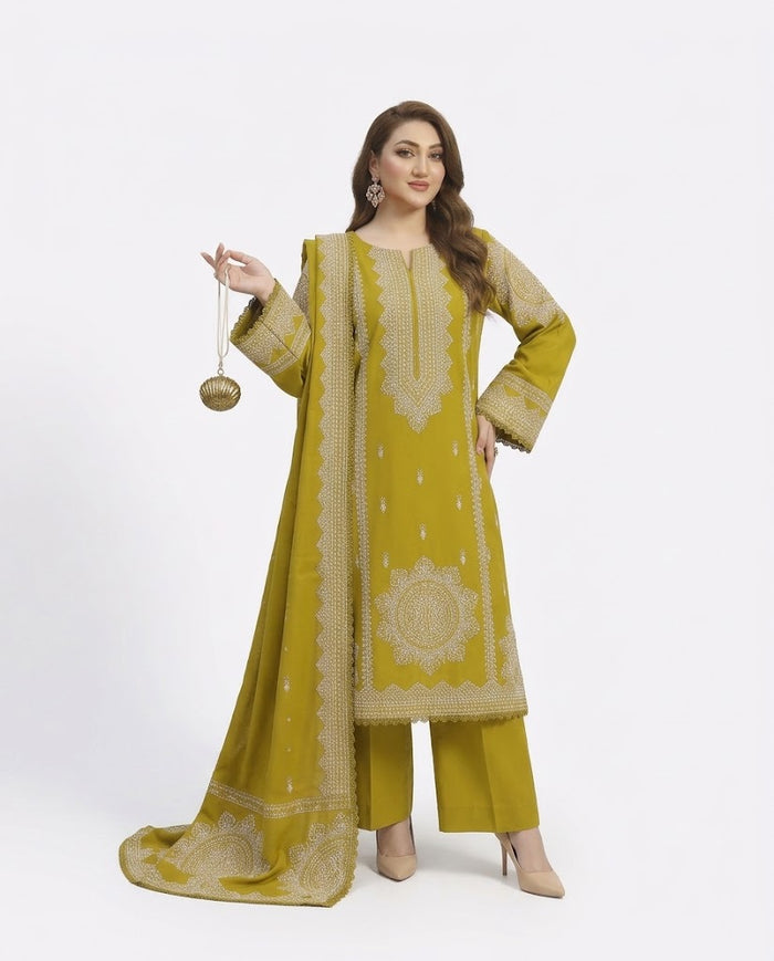 Aneela’s 6211 Premium Dhanak 3 Piece Embroidered Winter Suit with Twill Wool Shawl