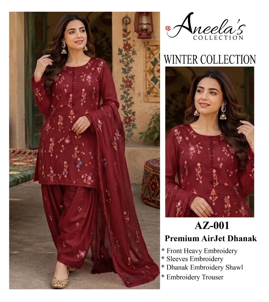 Indian Boti 3 Piece Winter Collection – Dhanak Air Jet Embroidered Suit | Code 001
