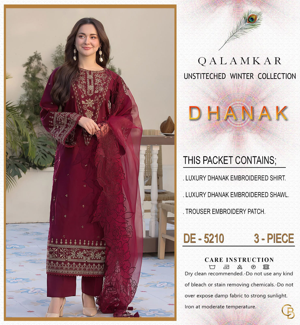 Qalamkar 5210 Premium Dhanak Heavy Sequence Embroidered 3 Piece Winter Suit with Shawl