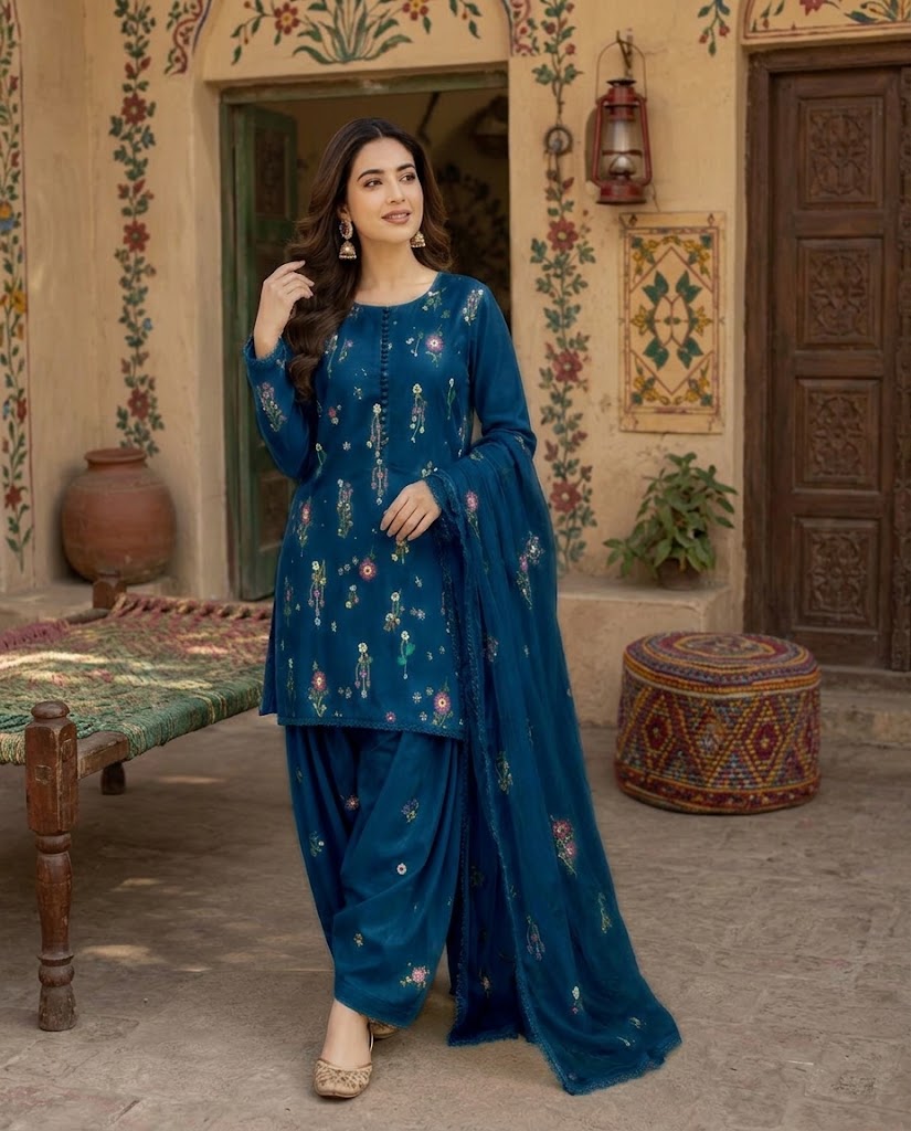 Indian Boti 3 Piece Winter Collection – Dhanak Air Jet Embroidered Suit | Code 001