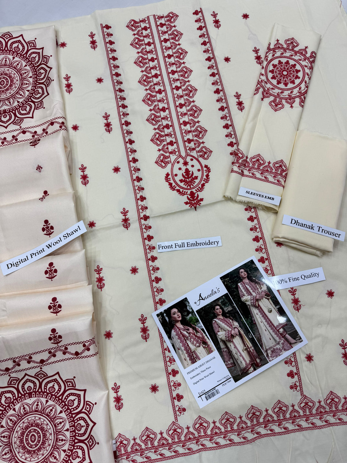Aneela’s 1425 Premium Airjet Dhanak 3 Piece Winter Suit with Digital Wool Shawl