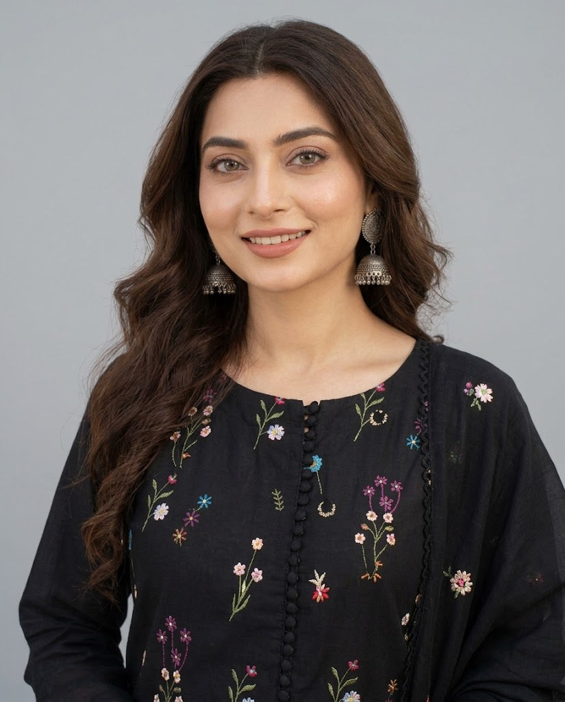Indian Boti 3 Piece Winter Collection – Dhanak Air Jet Embroidered Suit | Code 001