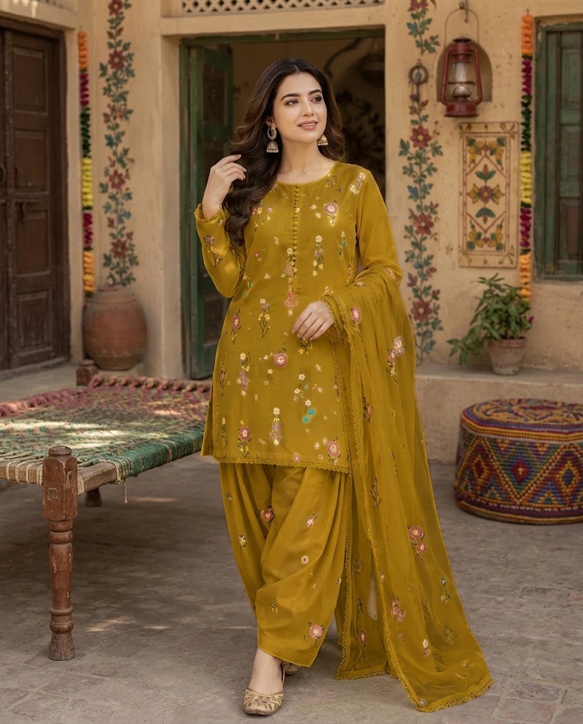 Indian Boti 3 Piece Winter Collection – Dhanak Air Jet Embroidered Suit | Code 001