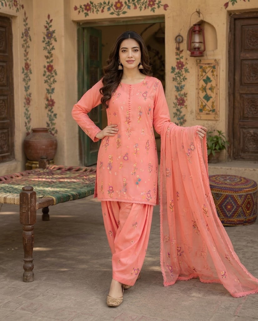 Indian Boti 3 Piece Winter Collection – Dhanak Air Jet Embroidered Suit | Code 001