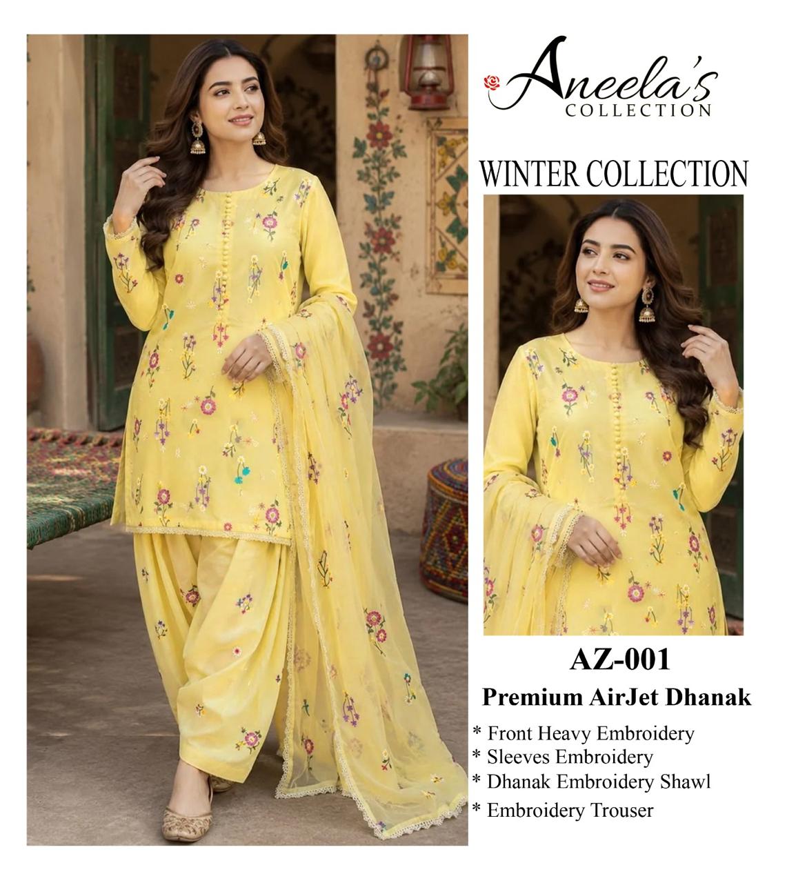 Indian Boti 3 Piece Winter Collection – Dhanak Air Jet Embroidered Suit | Code 001