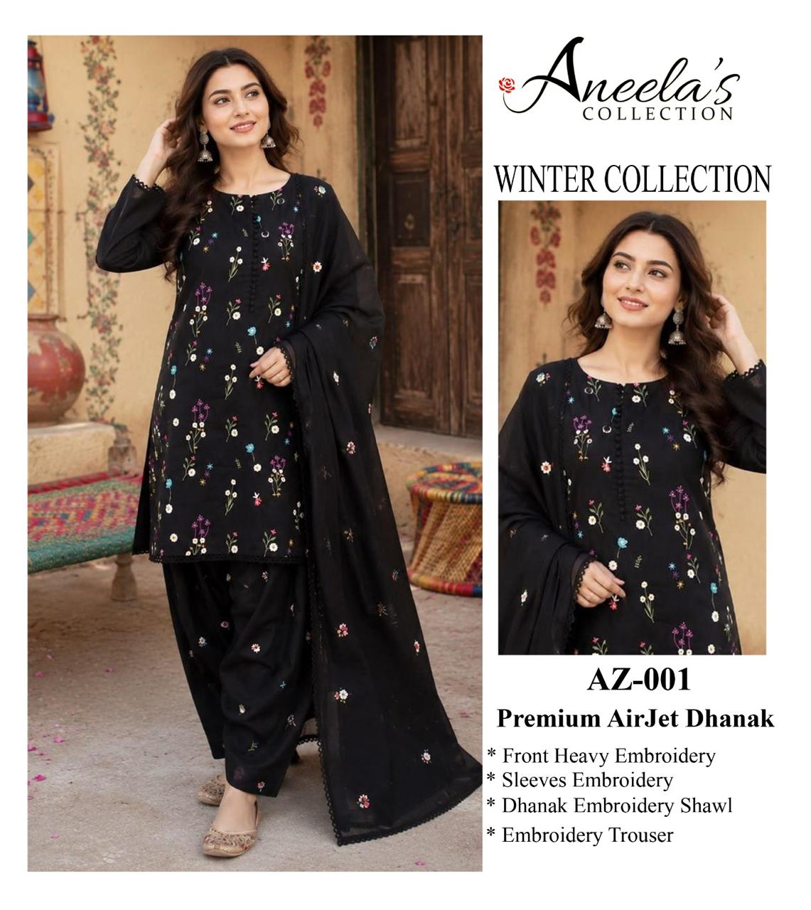 Indian Boti 3 Piece Winter Collection – Dhanak Air Jet Embroidered Suit | Code 001