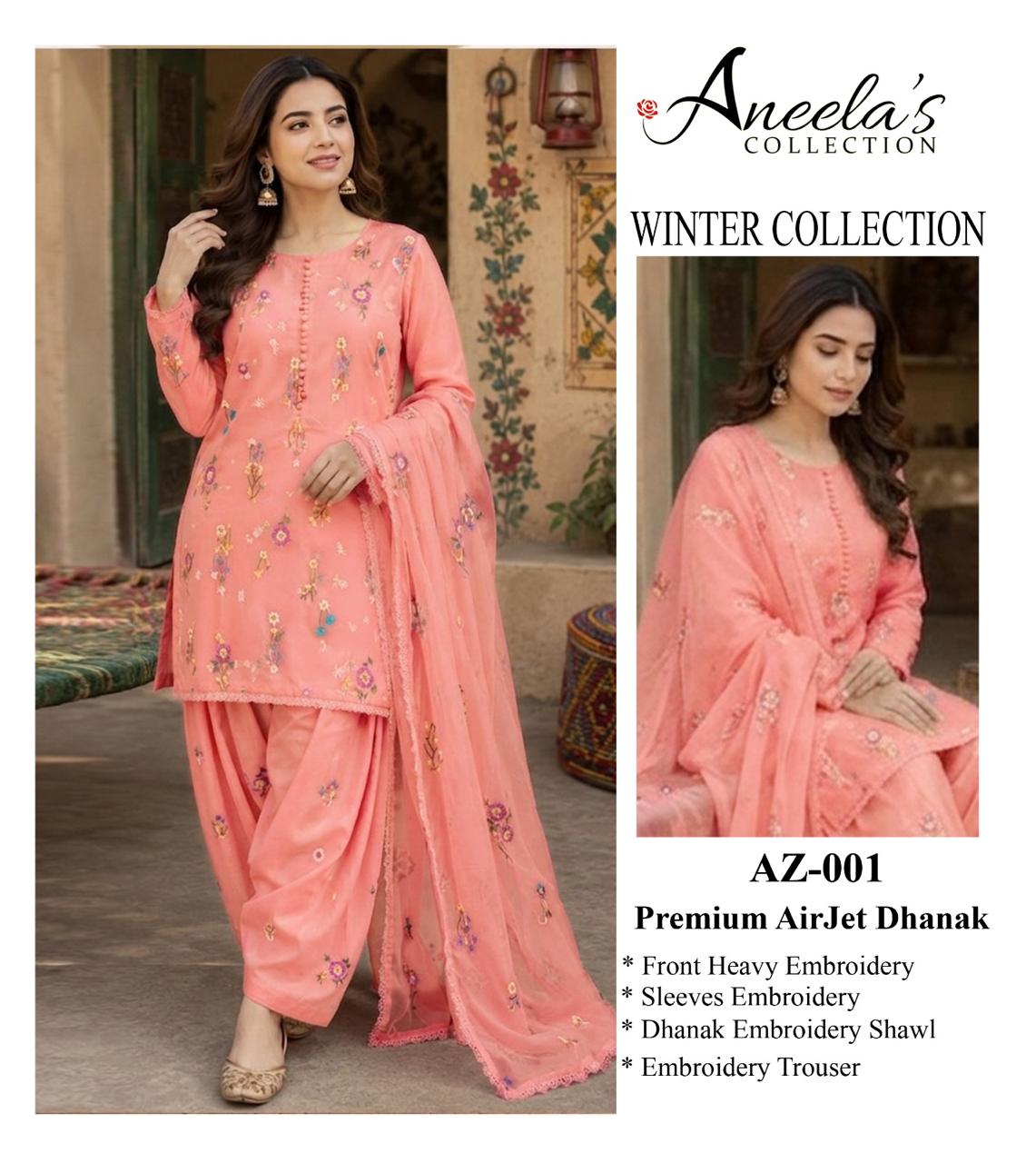 Indian Boti 3 Piece Winter Collection – Dhanak Air Jet Embroidered Suit | Code 001
