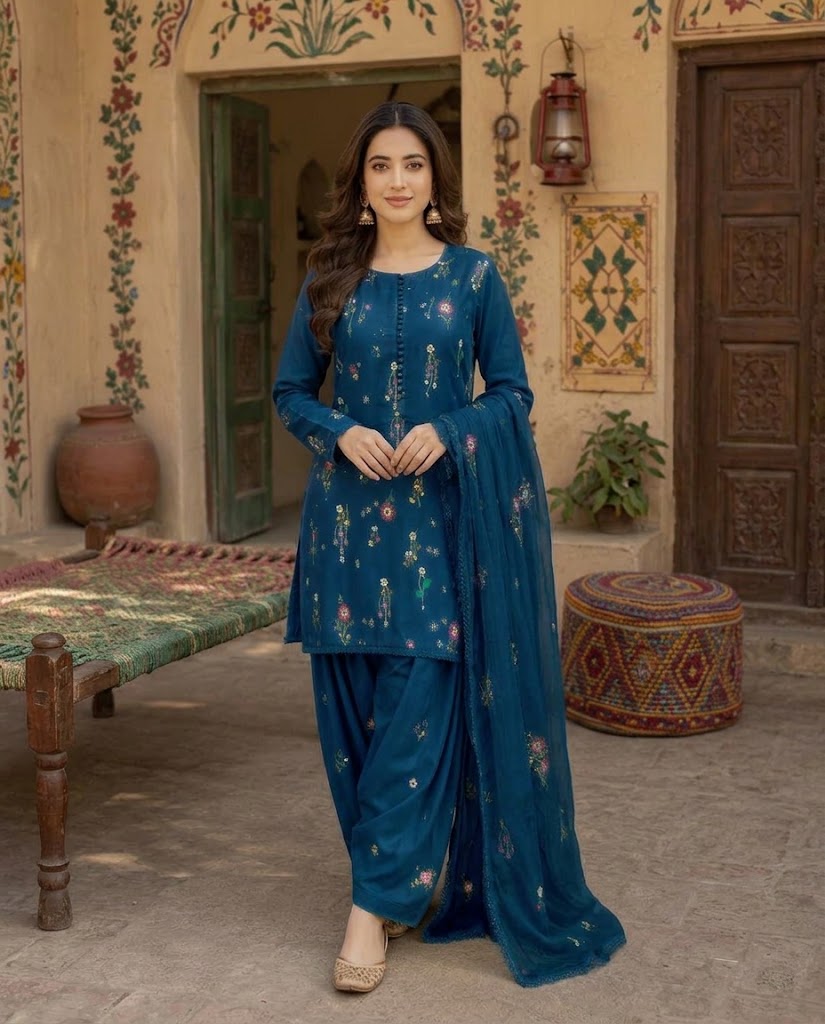 Indian Boti 3 Piece Winter Collection – Dhanak Air Jet Embroidered Suit | Code 001