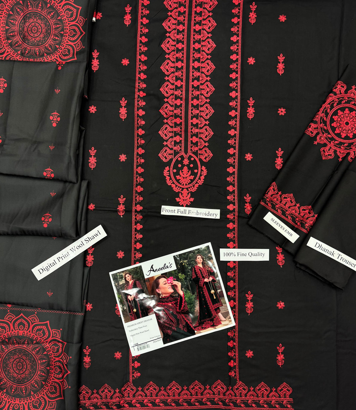 Aneela’s 1426 Premium Airjet Dhanak 3 Piece Winter Suit with Digital Wool Shawl