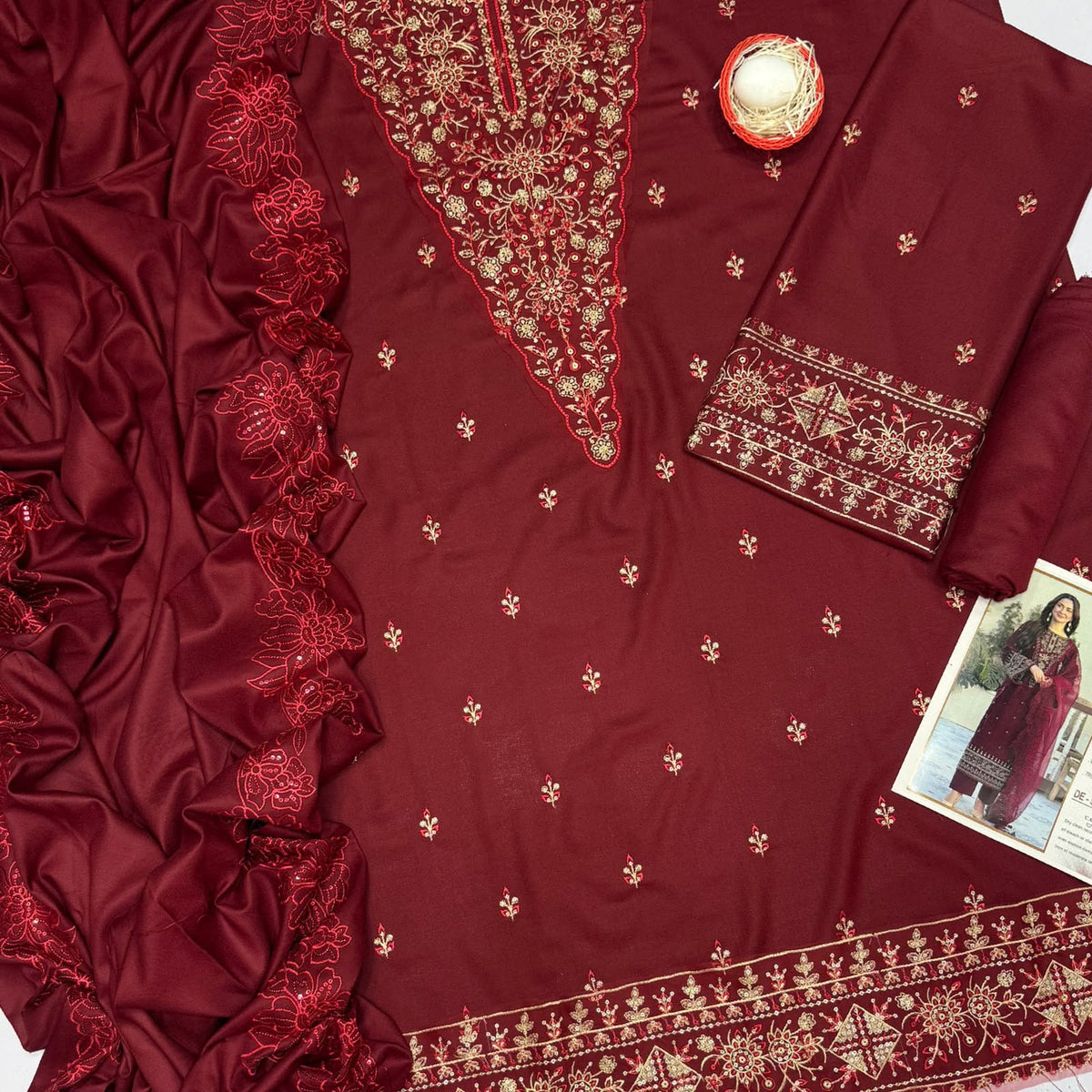 Qalamkar 5210 Premium Dhanak Heavy Sequence Embroidered 3 Piece Winter Suit with Shawl