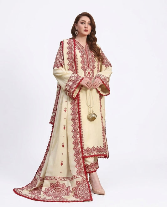 Aneela’s 1425 Premium Airjet Dhanak 3 Piece Winter Suit with Digital Wool Shawl