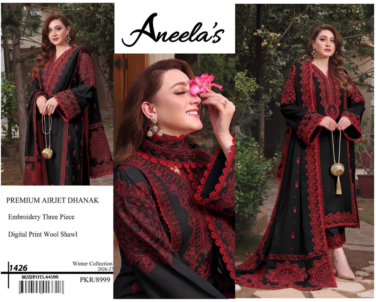 Aneela’s 1426 Premium Airjet Dhanak 3 Piece Winter Suit with Digital Wool Shawl