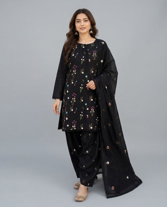 Indian Boti 3 Piece Winter Collection – Dhanak Air Jet Embroidered Suit | Code 001