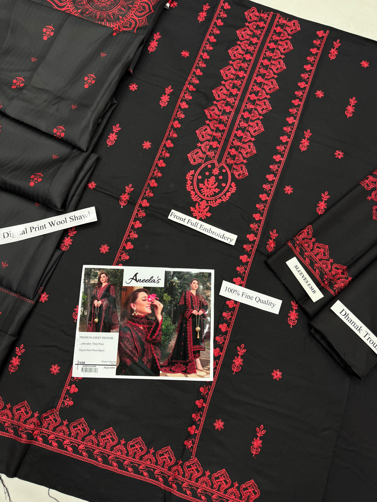 Aneela’s 1426 Premium Airjet Dhanak 3 Piece Winter Suit with Digital Wool Shawl