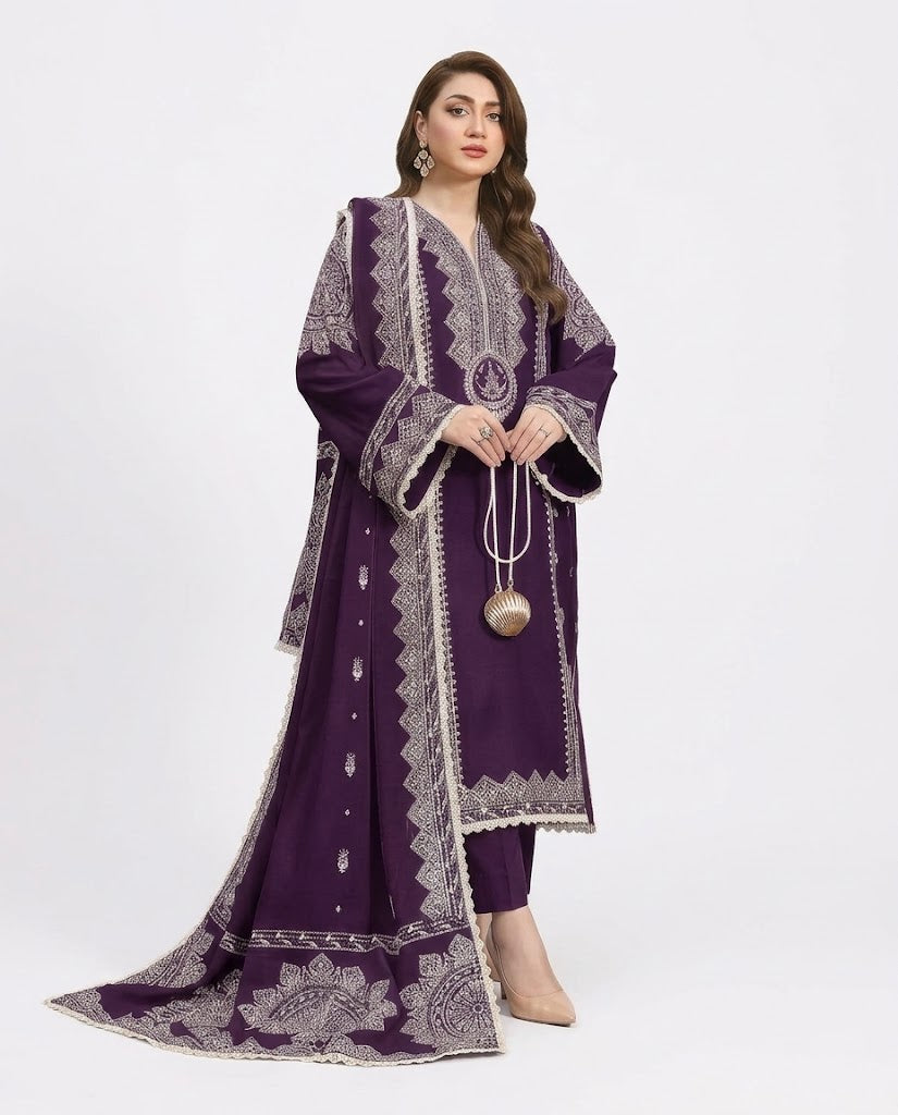Aneela’s 6211 Premium Dhanak 3 Piece Embroidered Winter Suit with Twill Wool Shawl