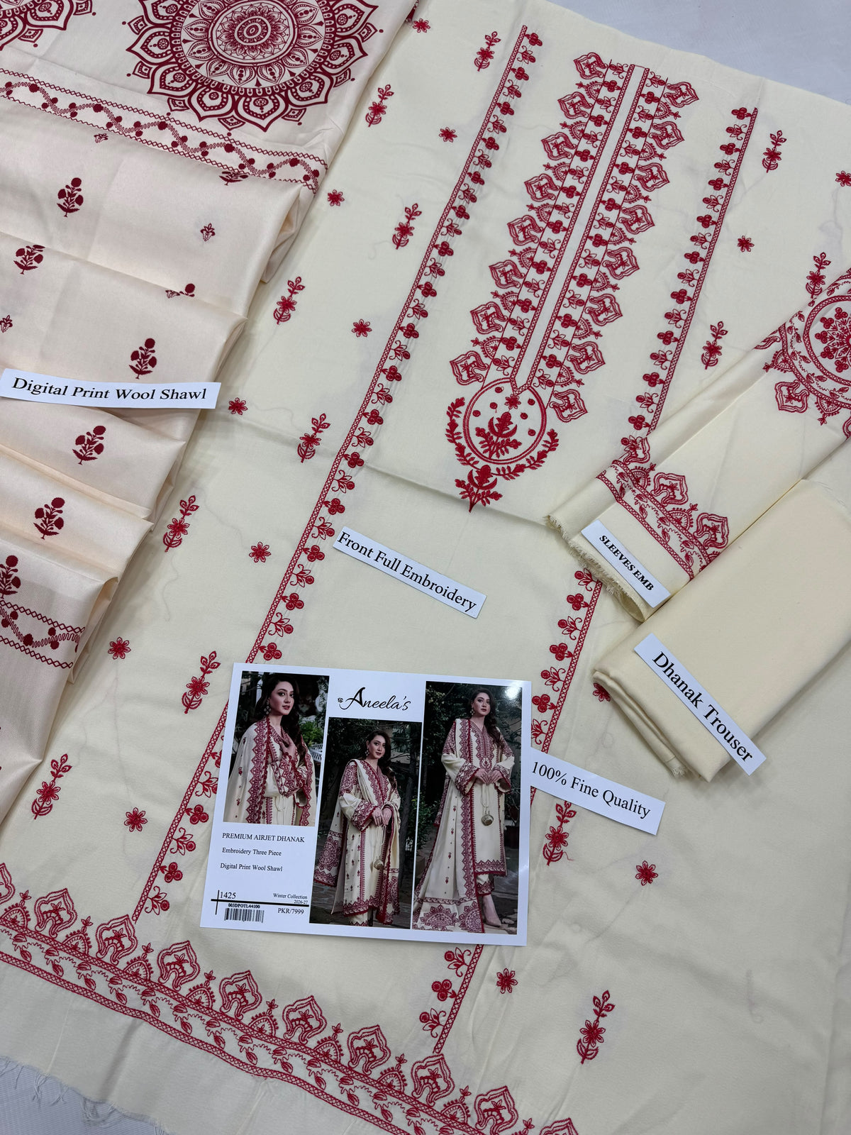 Aneela’s 1425 Premium Airjet Dhanak 3 Piece Winter Suit with Digital Wool Shawl