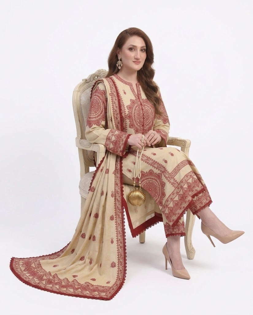 Aneela’s 1425 Premium Airjet Dhanak 3 Piece Winter Suit with Digital Wool Shawl