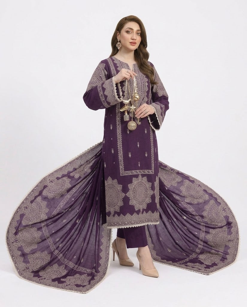 Aneela’s 6211 Premium Dhanak 3 Piece Embroidered Winter Suit with Twill Wool Shawl