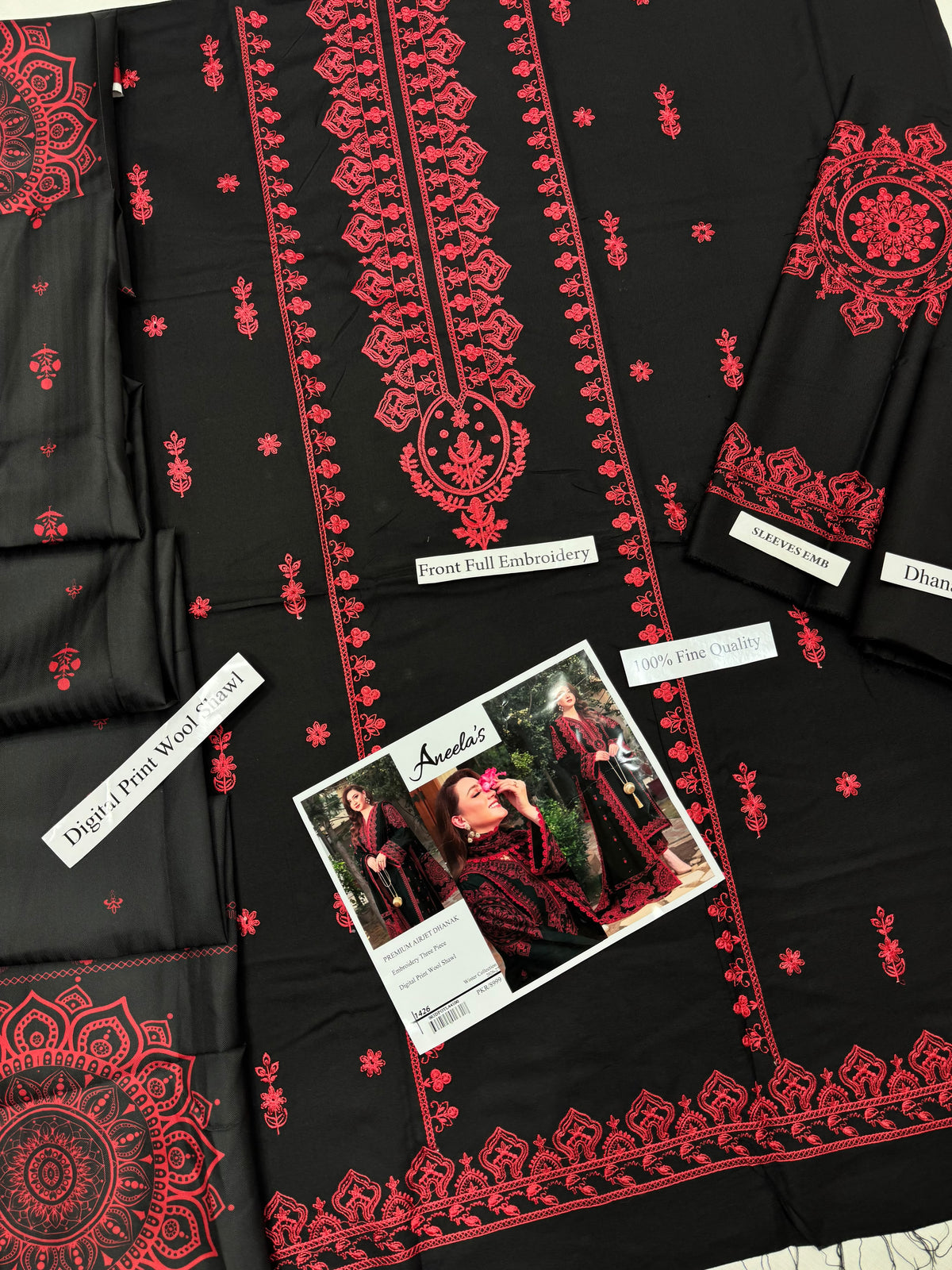 Aneela’s 1426 Premium Airjet Dhanak 3 Piece Winter Suit with Digital Wool Shawl