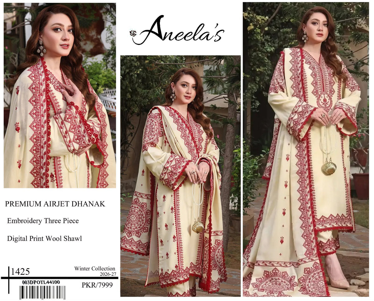 Aneela’s 1425 Premium Airjet Dhanak 3 Piece Winter Suit with Digital Wool Shawl
