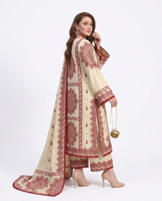 Aneela’s 1425 Premium Airjet Dhanak 3 Piece Winter Suit with Digital Wool Shawl
